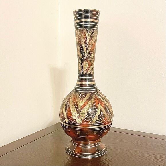 Indian Brass Vase Etched Flowers Engraved Accents Vintage